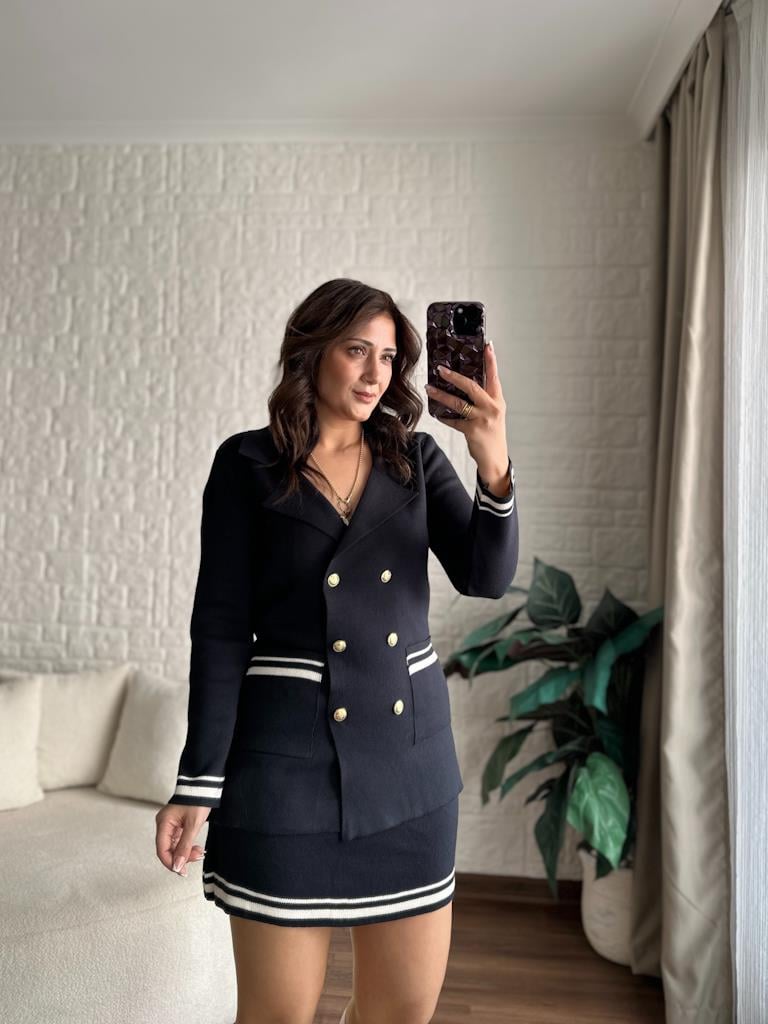 Çelik Örme Çift Kat Dokuma Ceket Etek Triko Takım Lacivert