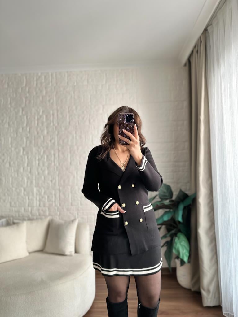 Çelik Örme Çift Kat Dokuma Ceket Etek Triko Takım Siyah