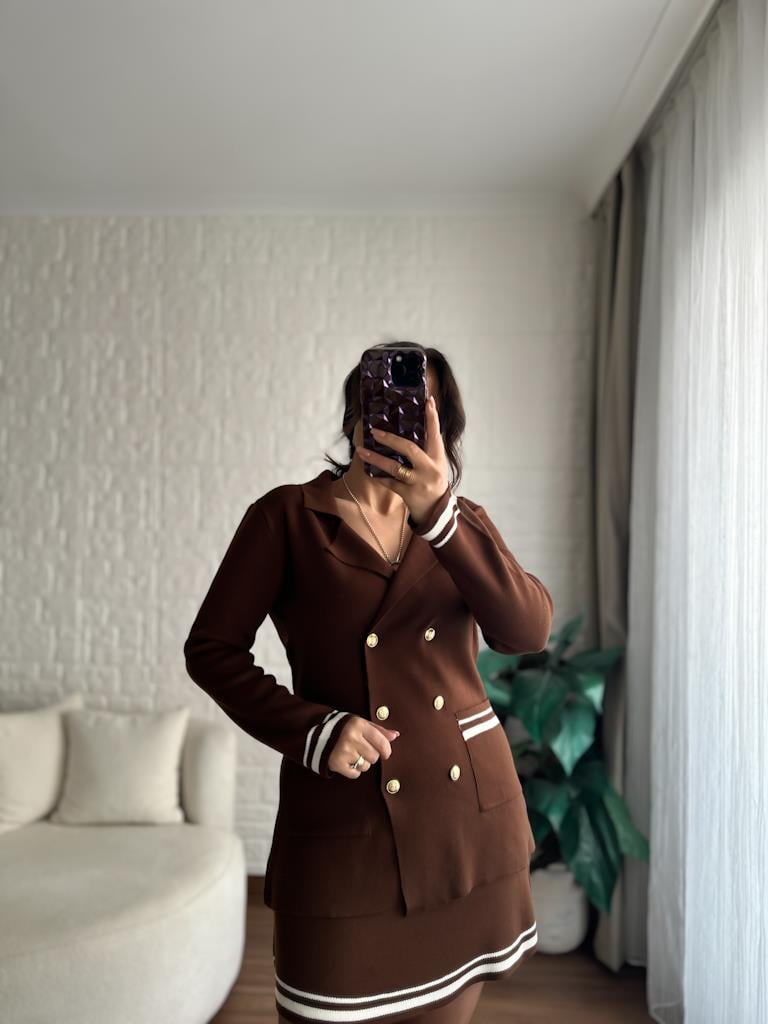 Çelik Örme Çift Kat Dokuma Ceket Etek Triko Takım Kahverengi