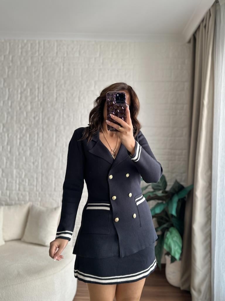 Çelik Örme Çift Kat Dokuma Ceket Etek Triko Takım Lacivert