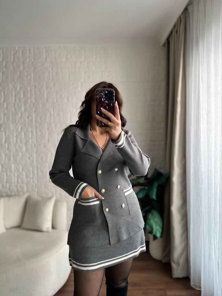 Çelik Örme Çift Kat Dokuma Ceket Etek Triko Takım Gri