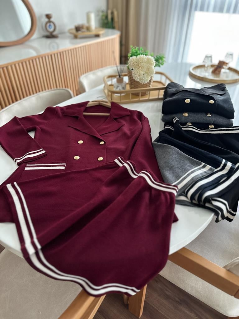 Çelik Örme Çift Kat Dokuma Ceket Etek Triko Takım Bordo