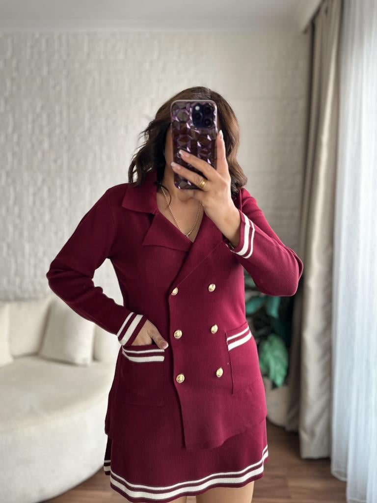 Çelik Örme Çift Kat Dokuma Ceket Etek Triko Takım Bordo