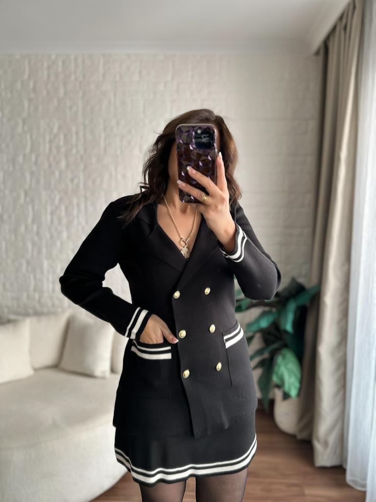 Çelik Örme Çift Kat Dokuma Ceket Etek Triko Takım Siyah