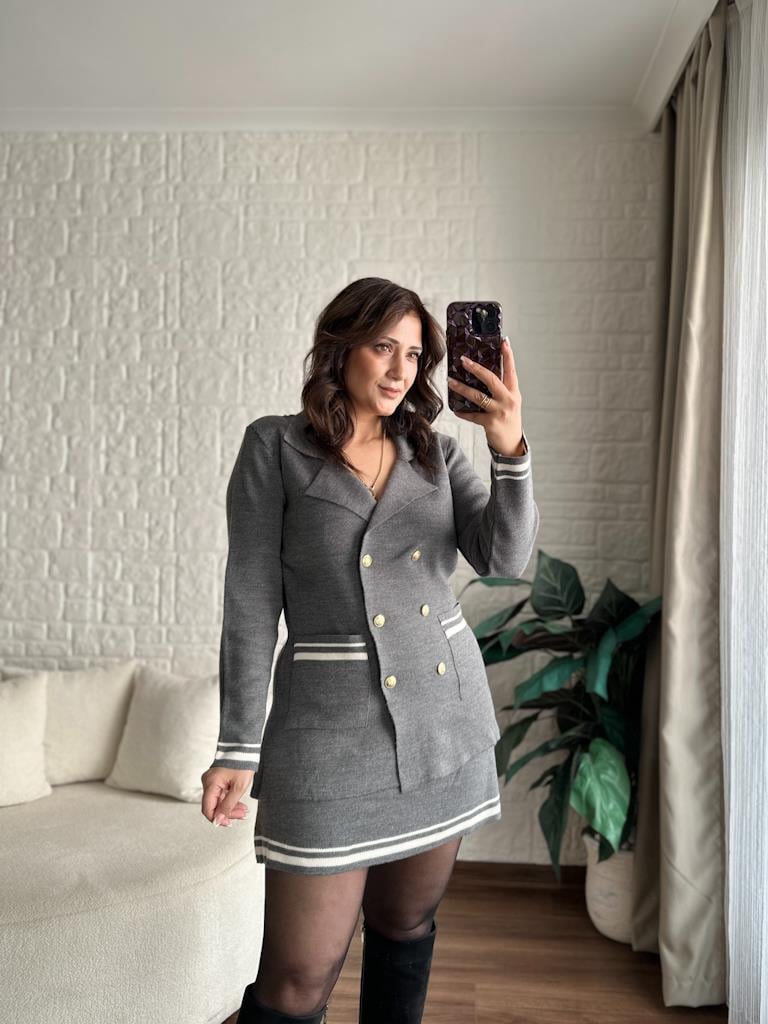 Çelik Örme Çift Kat Dokuma Ceket Etek Triko Takım Gri