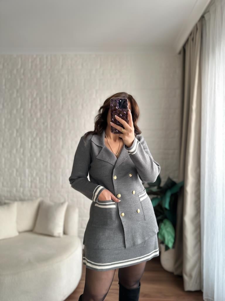 Çelik Örme Çift Kat Dokuma Ceket Etek Triko Takım Gri