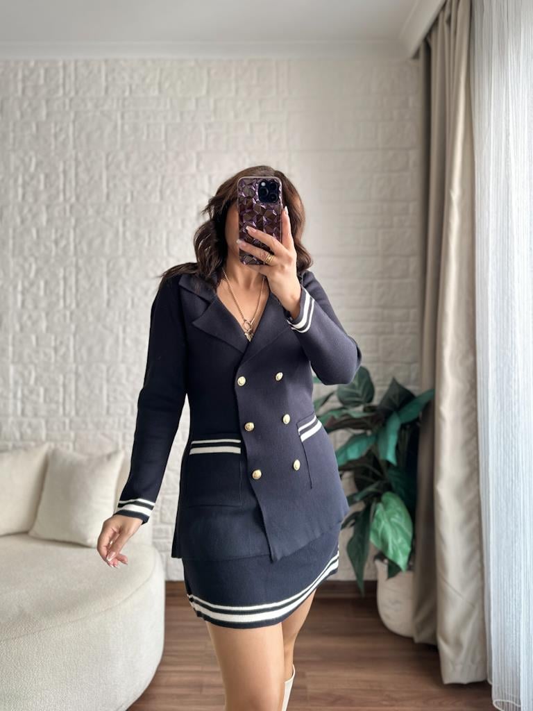Çelik Örme Çift Kat Dokuma Ceket Etek Triko Takım Lacivert