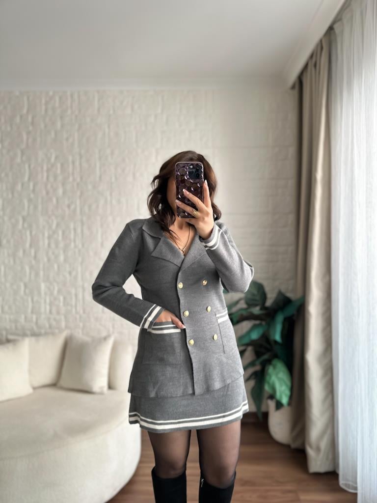 Çelik Örme Çift Kat Dokuma Ceket Etek Triko Takım Gri