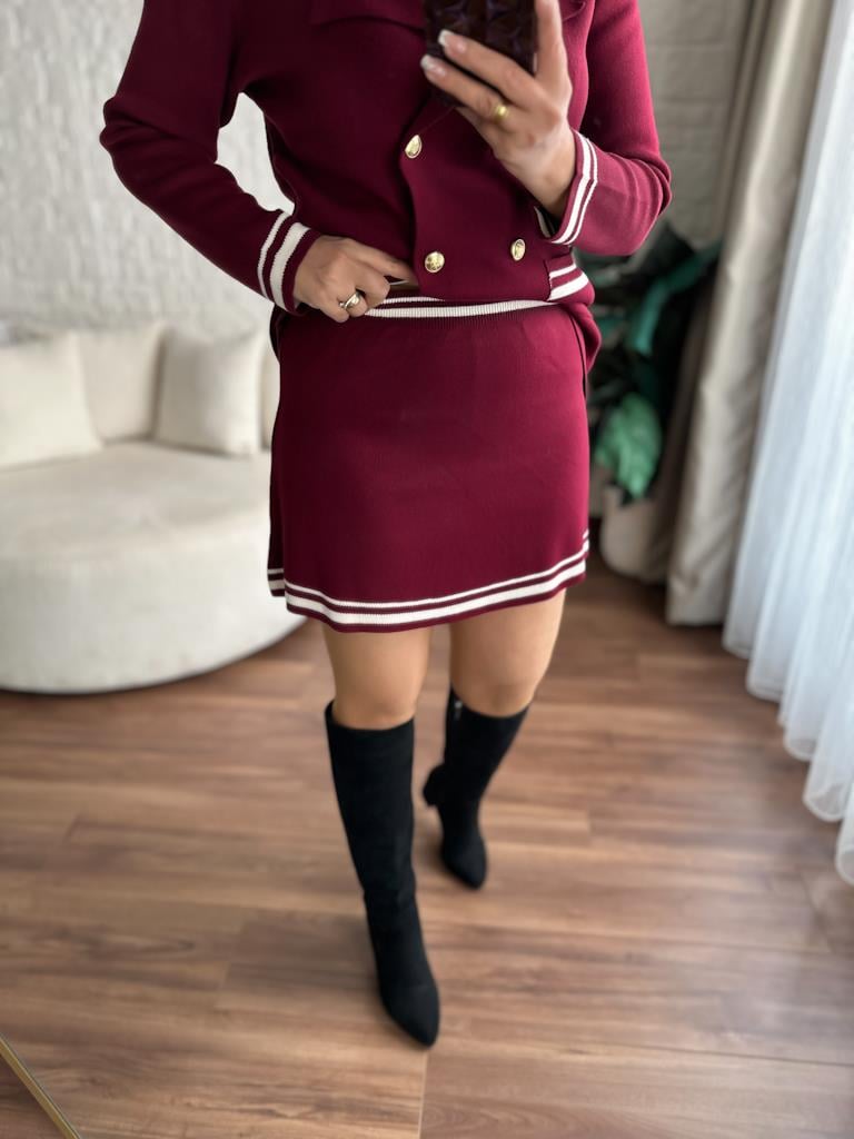 Çelik Örme Çift Kat Dokuma Ceket Etek Triko Takım Bordo