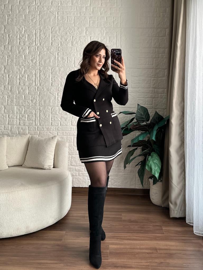 Çelik Örme Çift Kat Dokuma Ceket Etek Triko Takım Siyah