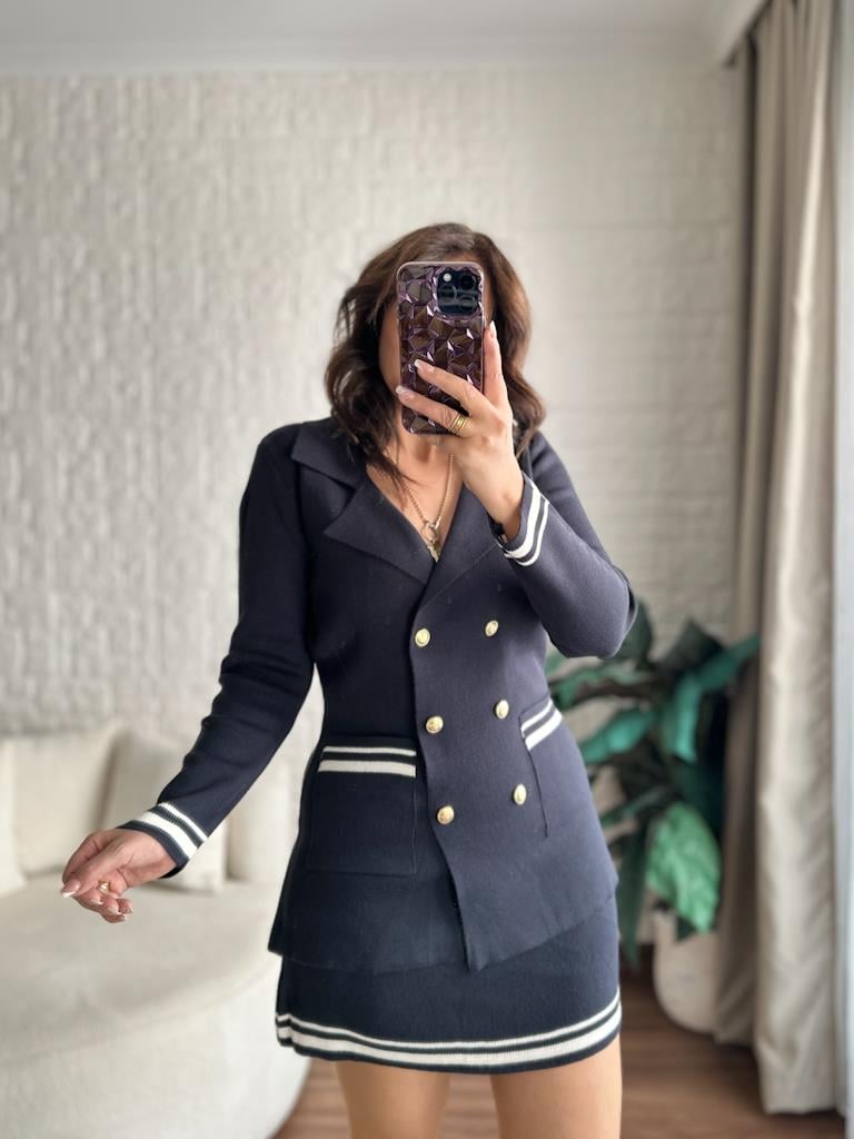Çelik Örme Çift Kat Dokuma Ceket Etek Triko Takım Lacivert