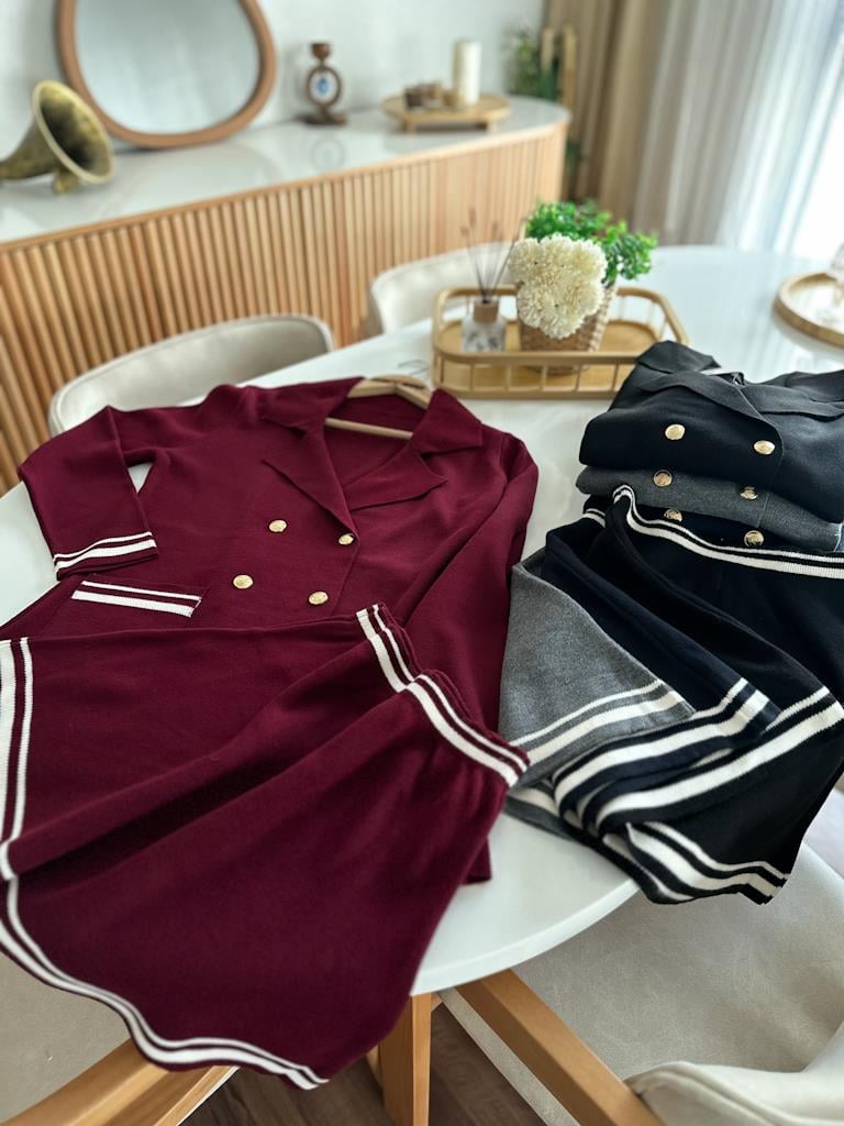 Çelik Örme Çift Kat Dokuma Ceket Etek Triko Takım Bordo