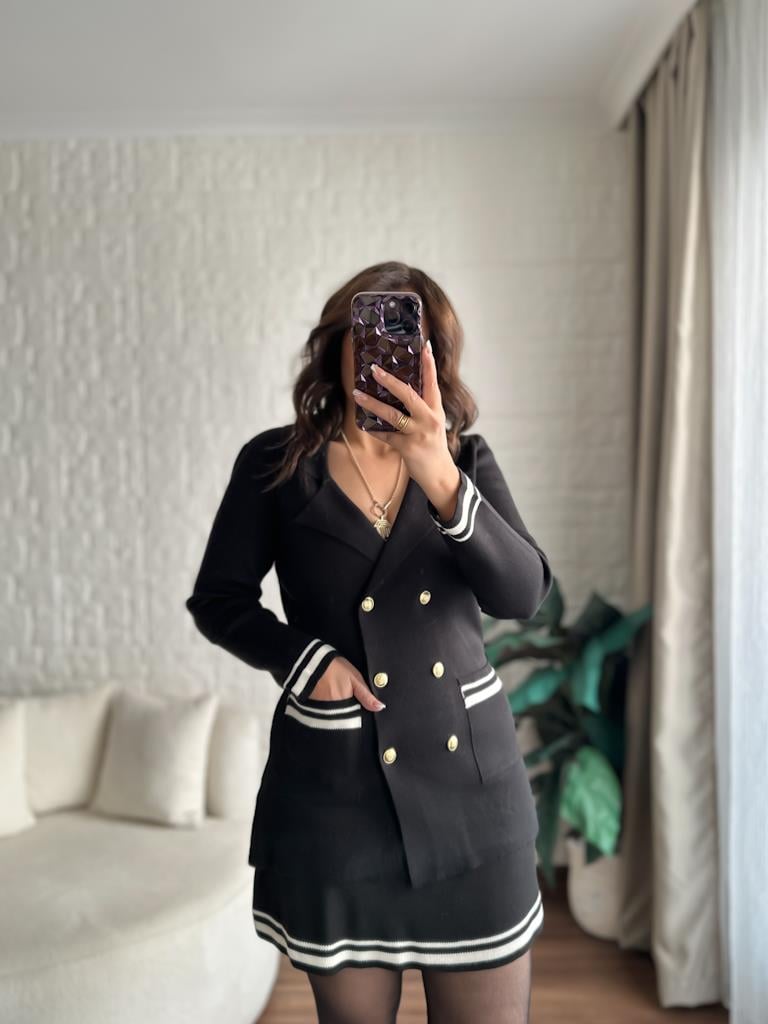 Çelik Örme Çift Kat Dokuma Ceket Etek Triko Takım Siyah