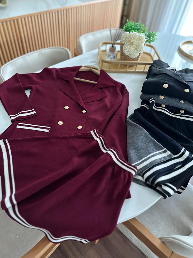 Çelik Örme Çift Kat Dokuma Ceket Etek Triko Takım Bordo