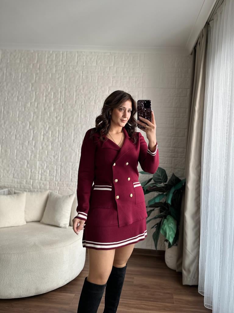 Çelik Örme Çift Kat Dokuma Ceket Etek Triko Takım Bordo