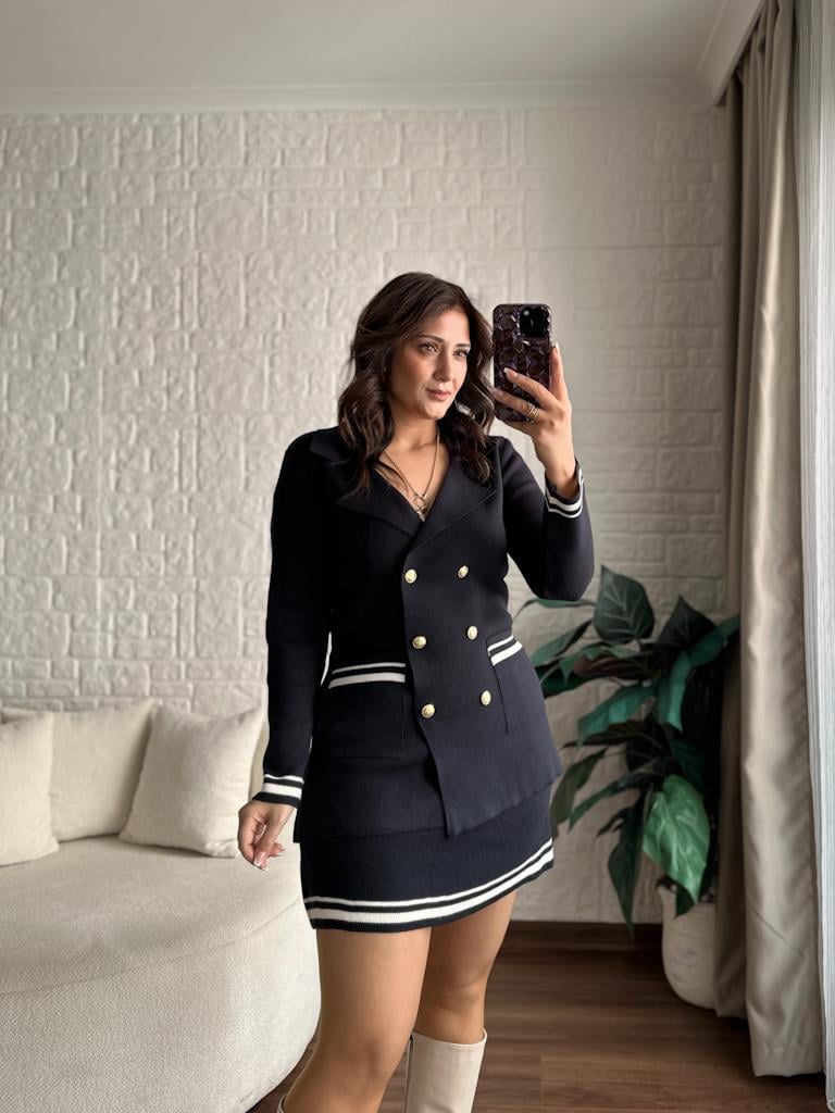 Çelik Örme Çift Kat Dokuma Ceket Etek Triko Takım Lacivert