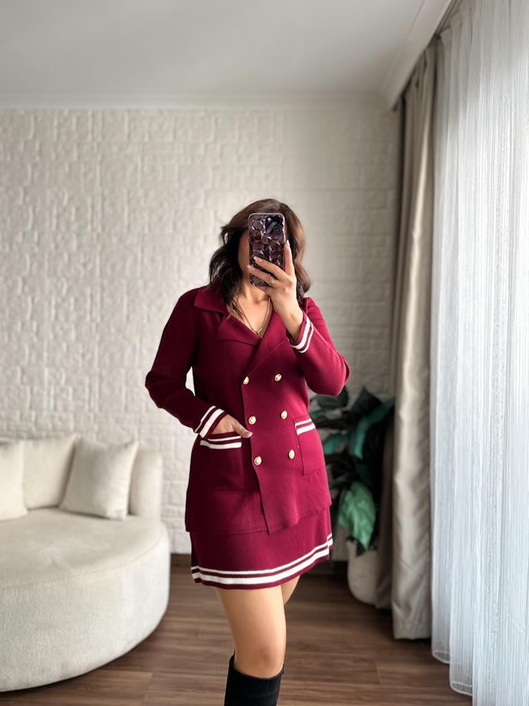 Çelik Örme Çift Kat Dokuma Ceket Etek Triko Takım Bordo