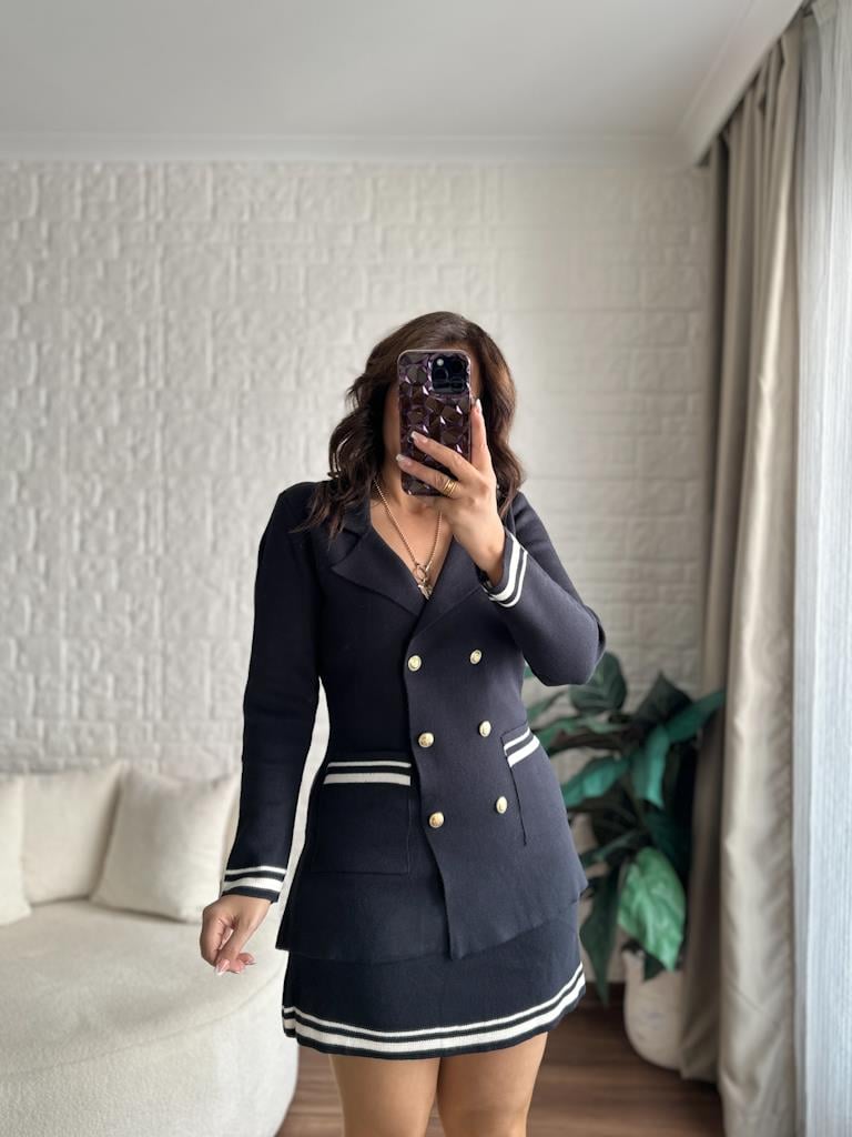 Çelik Örme Çift Kat Dokuma Ceket Etek Triko Takım Lacivert