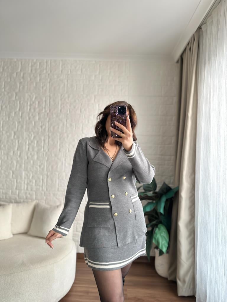 Çelik Örme Çift Kat Dokuma Ceket Etek Triko Takım Gri