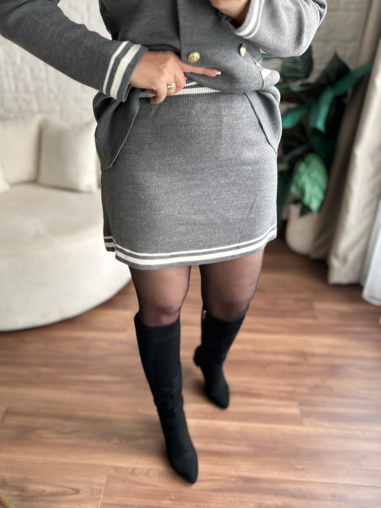 Çelik Örme Çift Kat Dokuma Ceket Etek Triko Takım Gri