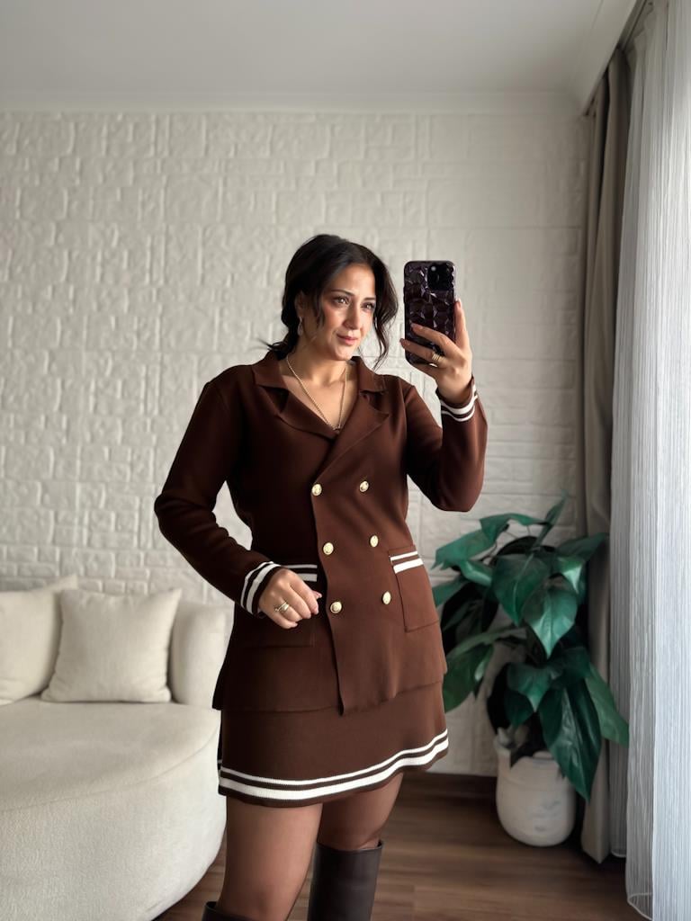 Çelik Örme Çift Kat Dokuma Ceket Etek Triko Takım Kahverengi