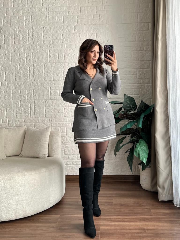 Çelik Örme Çift Kat Dokuma Ceket Etek Triko Takım Gri