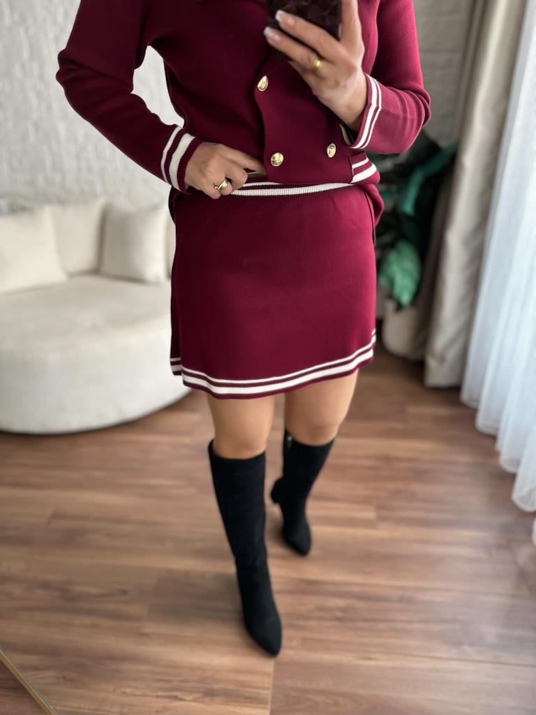 Çelik Örme Çift Kat Dokuma Ceket Etek Triko Takım Bordo