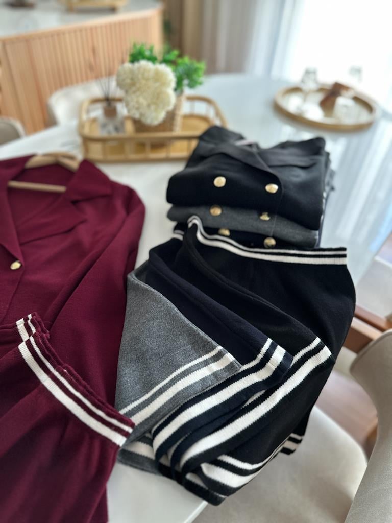 Çelik Örme Çift Kat Dokuma Ceket Etek Triko Takım Gri