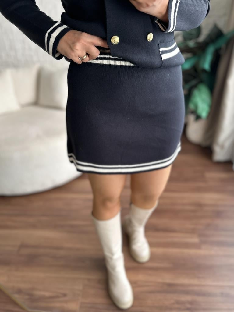 Çelik Örme Çift Kat Dokuma Ceket Etek Triko Takım Lacivert