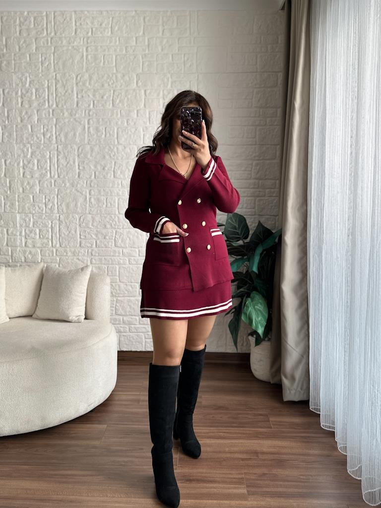 Çelik Örme Çift Kat Dokuma Ceket Etek Triko Takım Bordo