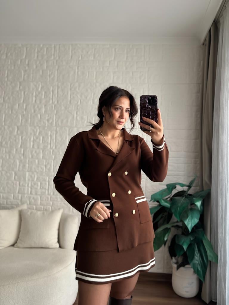 Çelik Örme Çift Kat Dokuma Ceket Etek Triko Takım Kahverengi