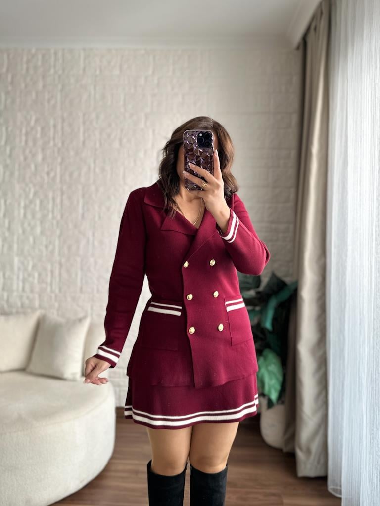 Çelik Örme Çift Kat Dokuma Ceket Etek Triko Takım Bordo