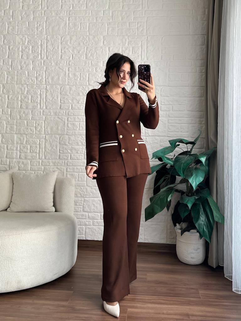 Çelik Örme Çift Kat Dokuma Ceket Pantolon Takım Kahverengi