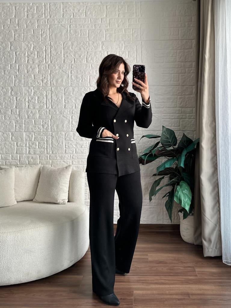 Çelik Örme Çift Kat Dokuma Ceket Pantolon Takım Siyah