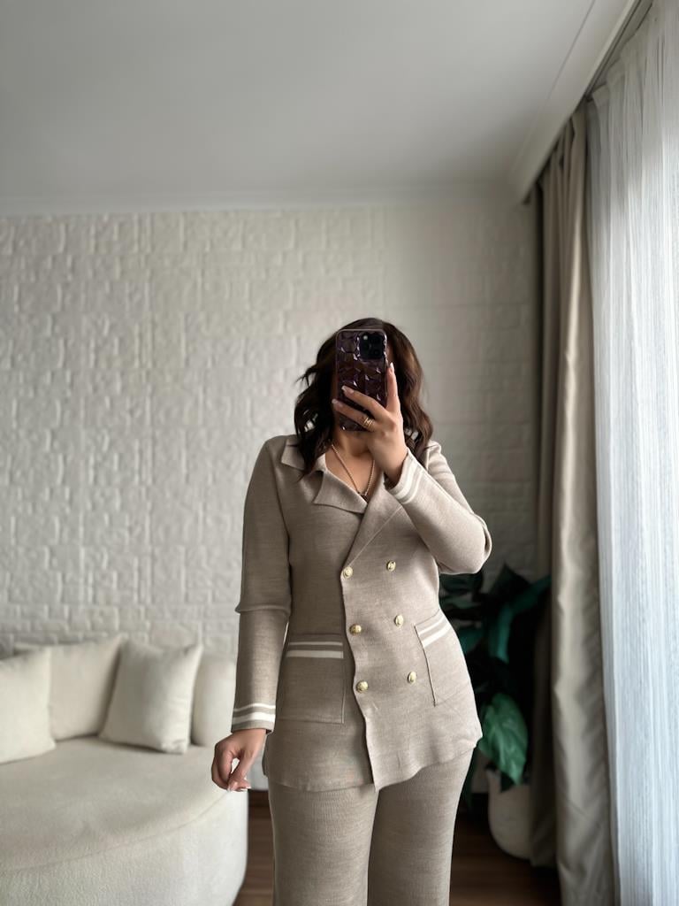 Çelik Örme Çift Kat Dokuma Ceket Pantolon Takım Vizon