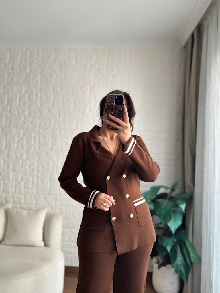 Çelik Örme Çift Kat Dokuma Ceket Pantolon Takım Kahverengi