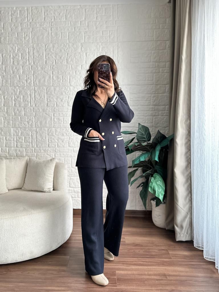 Çelik Örme Çift Kat Dokuma Ceket Pantolon Takım Lacivert