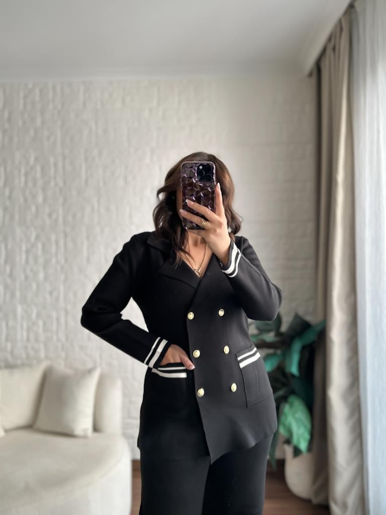 Çelik Örme Çift Kat Dokuma Ceket Pantolon Takım Siyah