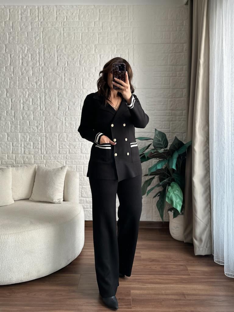 Çelik Örme Çift Kat Dokuma Ceket Pantolon Takım Siyah