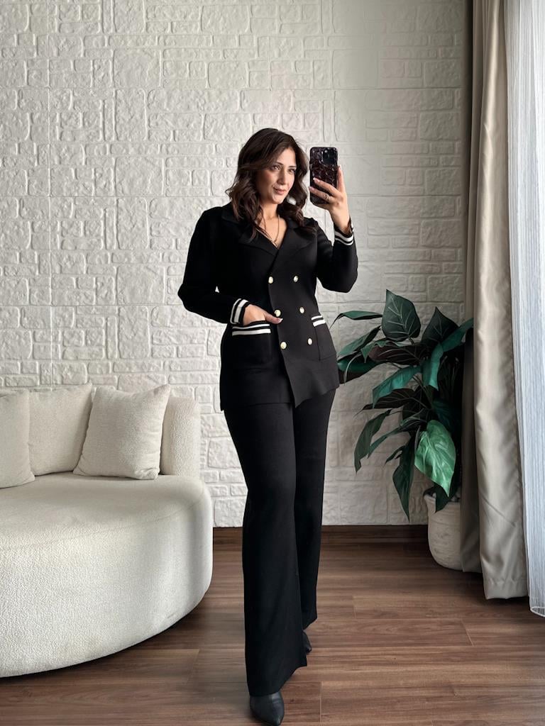 Çelik Örme Çift Kat Dokuma Ceket Pantolon Takım Siyah