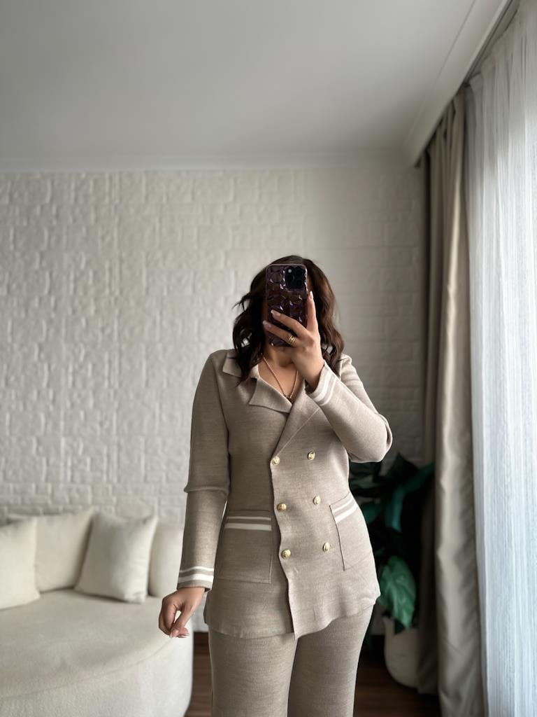 Çelik Örme Çift Kat Dokuma Ceket Pantolon Takım Vizon