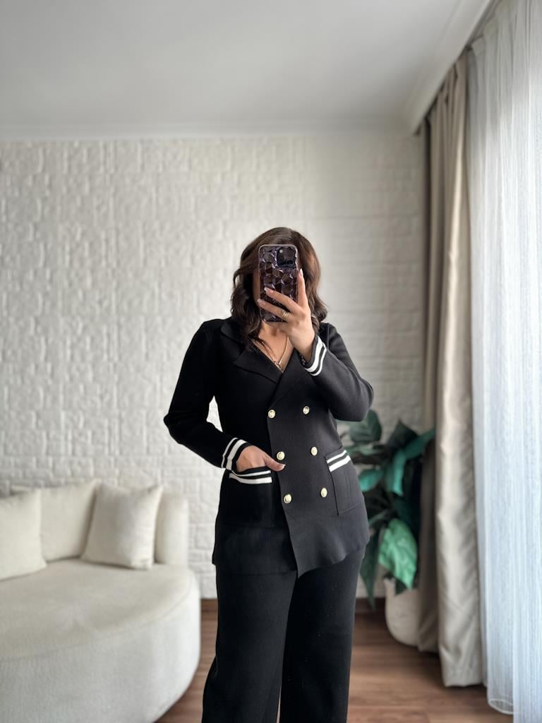 Çelik Örme Çift Kat Dokuma Ceket Pantolon Takım Siyah