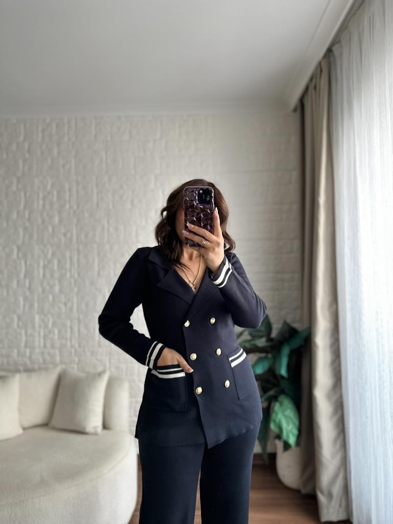 Çelik Örme Çift Kat Dokuma Ceket Pantolon Takım Lacivert