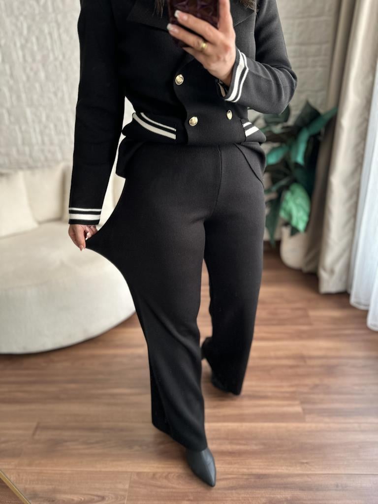 Çelik Örme Çift Kat Dokuma Ceket Pantolon Takım Siyah