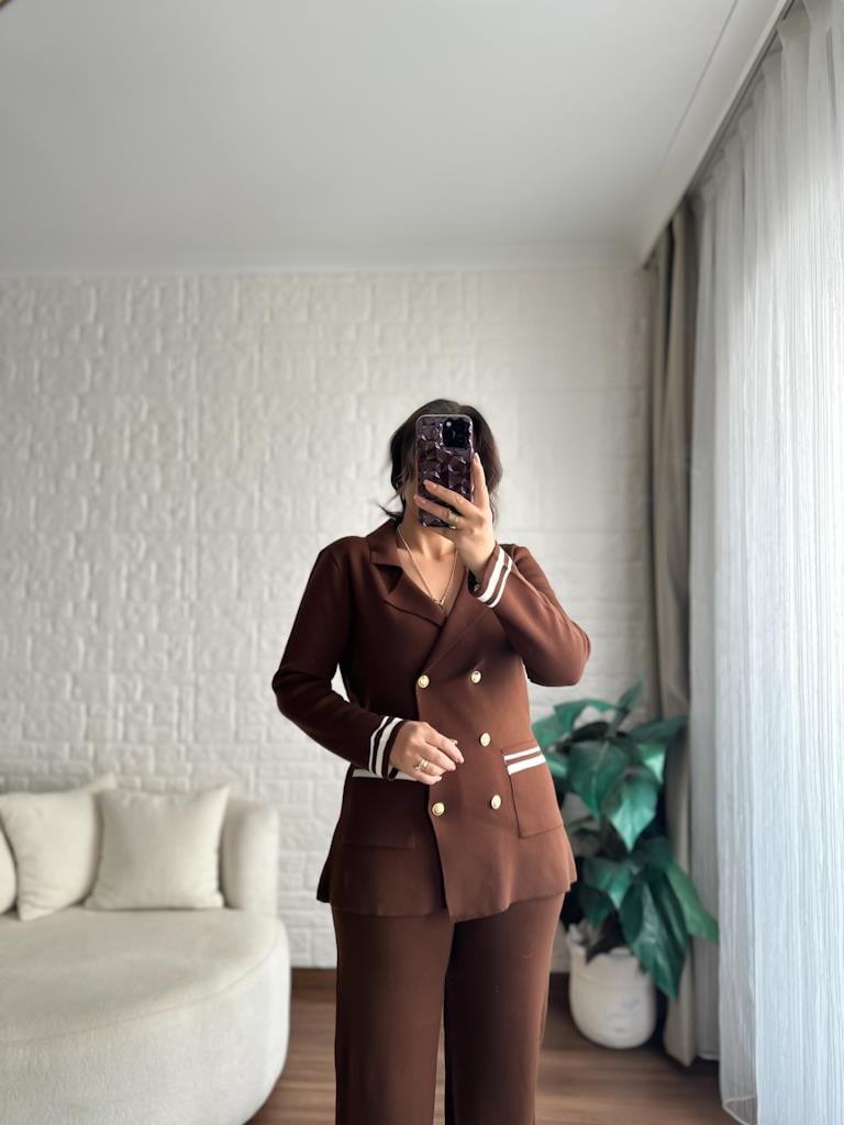 Çelik Örme Çift Kat Dokuma Ceket Pantolon Takım Kahverengi