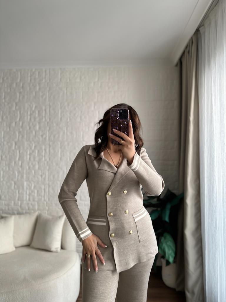 Çelik Örme Çift Kat Dokuma Ceket Pantolon Takım Vizon