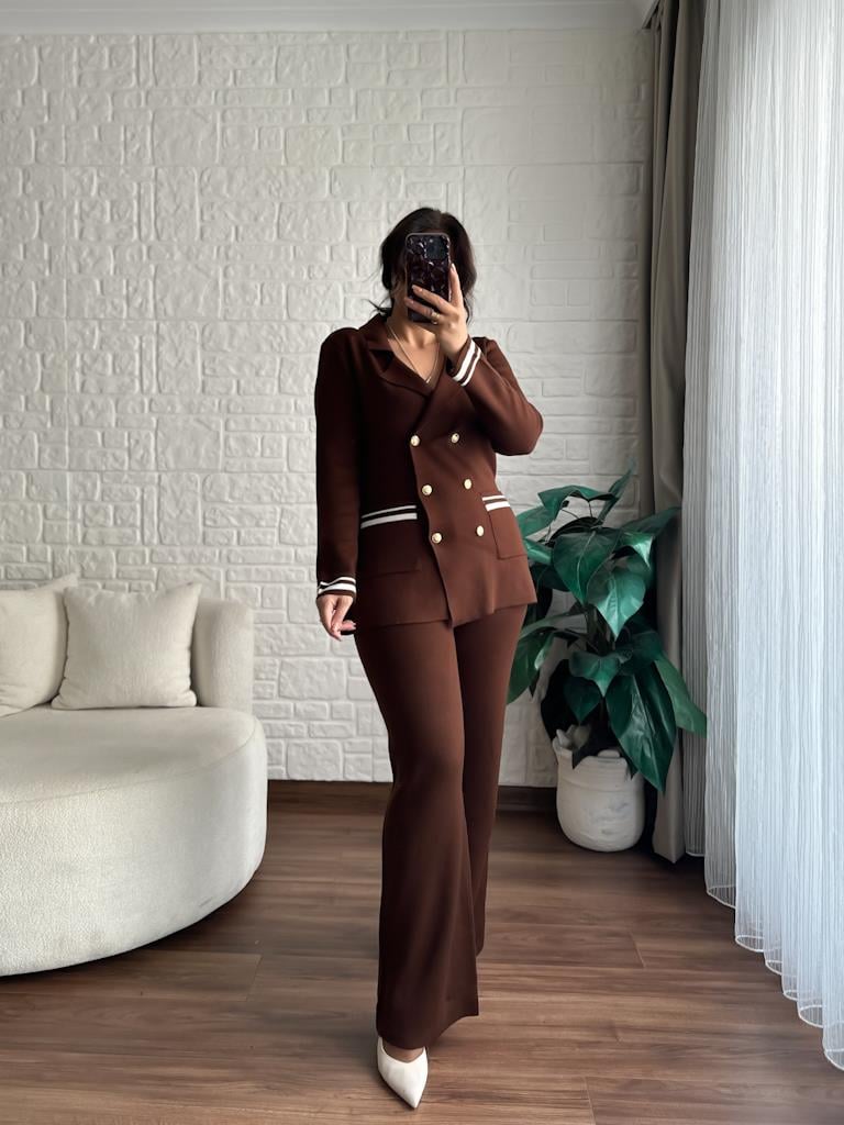 Çelik Örme Çift Kat Dokuma Ceket Pantolon Takım Kahverengi