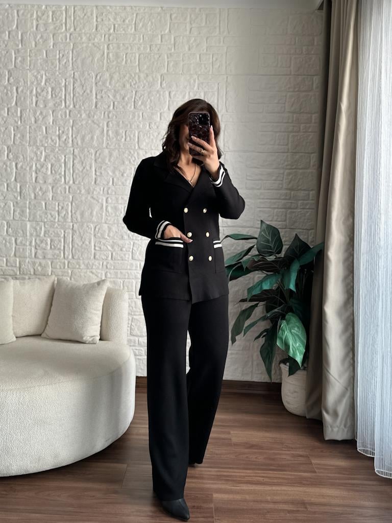 Çelik Örme Çift Kat Dokuma Ceket Pantolon Takım Siyah