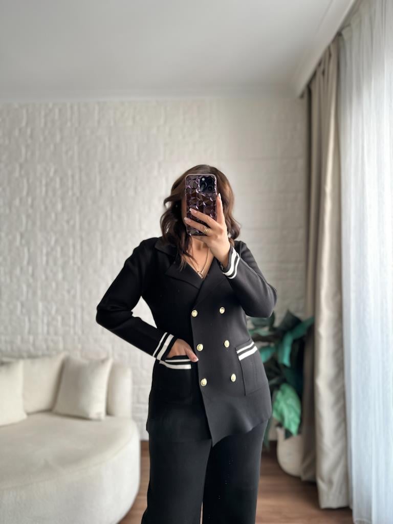 Çelik Örme Çift Kat Dokuma Ceket Pantolon Takım Siyah