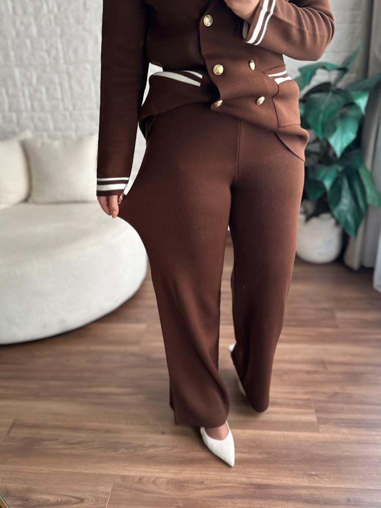 Çelik Örme Çift Kat Dokuma Ceket Pantolon Takım Kahverengi